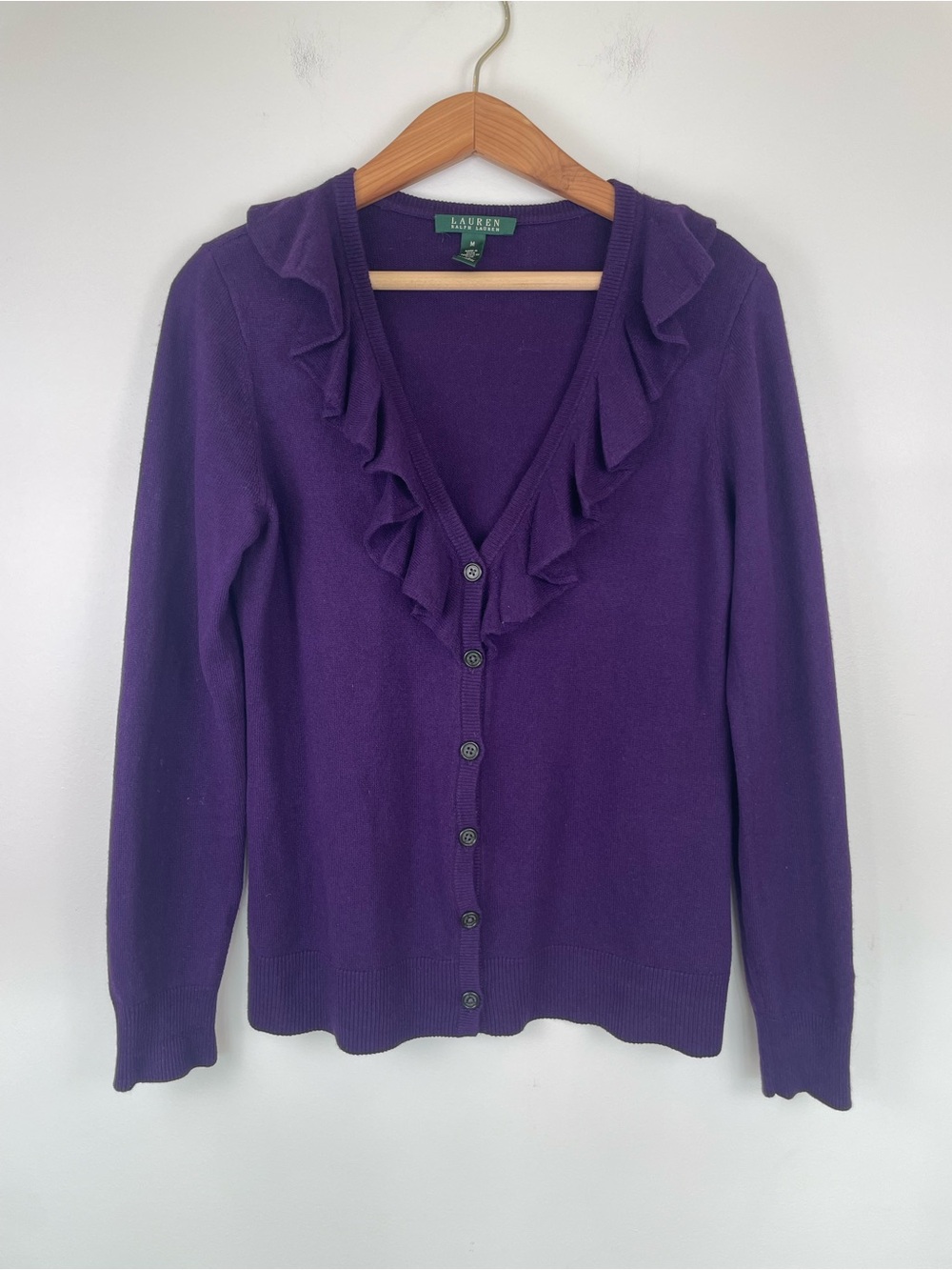 Vintage Ralph Lauren Silk Cashmere Ruffle Cardigan Purple M Coquette Old Money